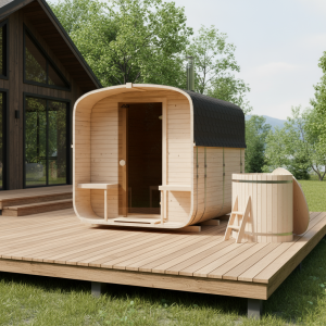Firefly_Gemini Flash_размести эту сауну на деревянном помосте рядом с домом 913029-2